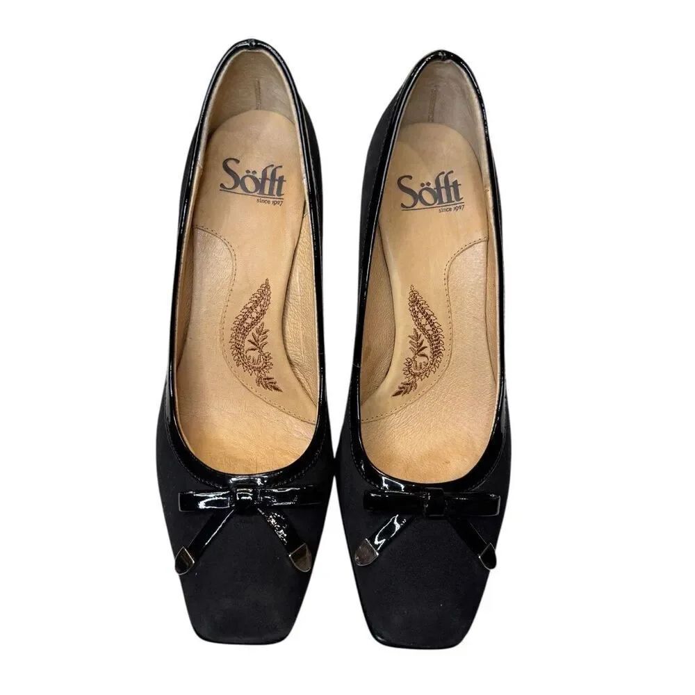 Sofft Pumps 6.5 Black Leather Suede Square Toe Bow Patent Accents Comfort Career